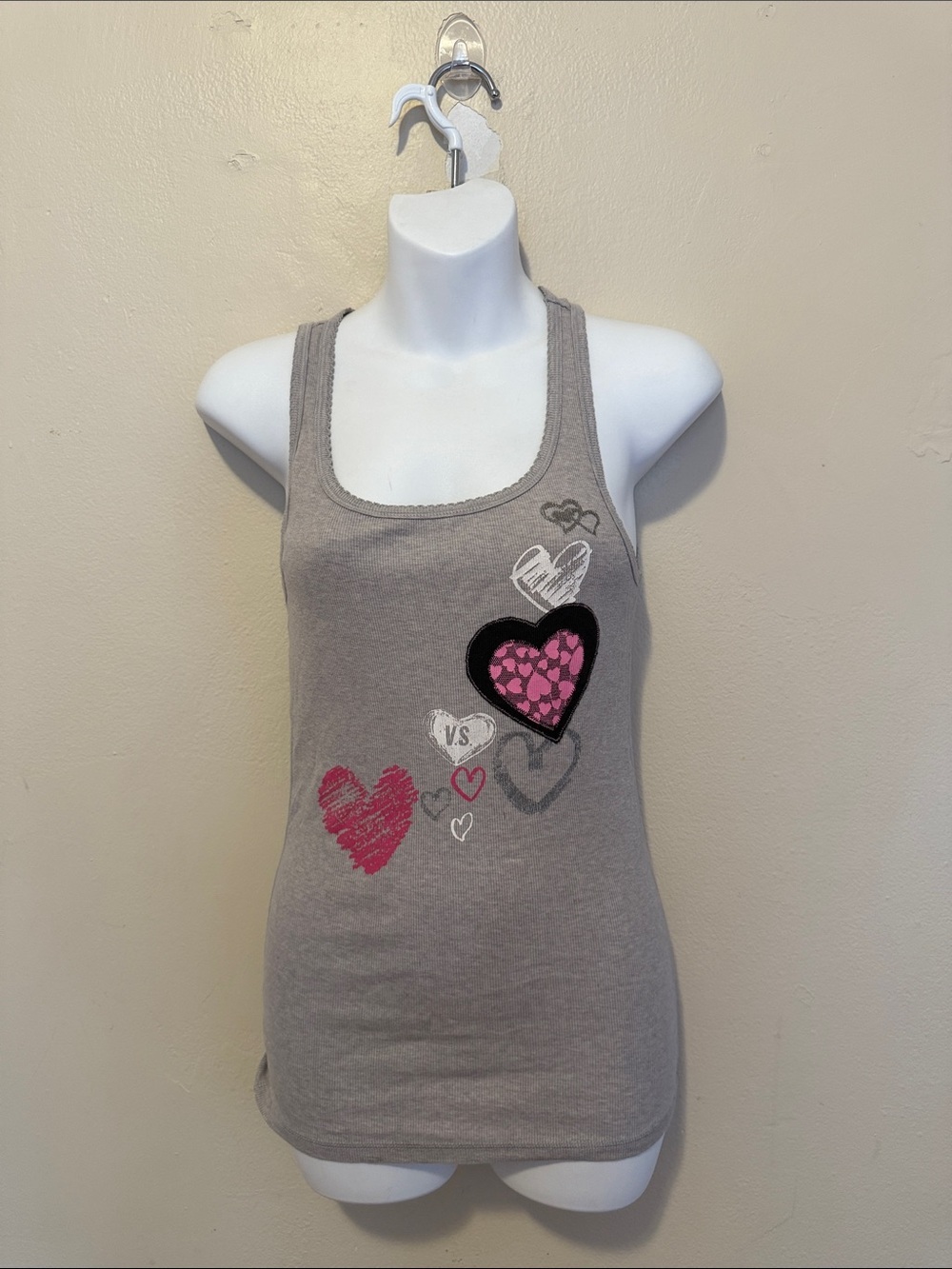 Victoria's Secret Gray Racerback Tank with Pink Heart Graphics